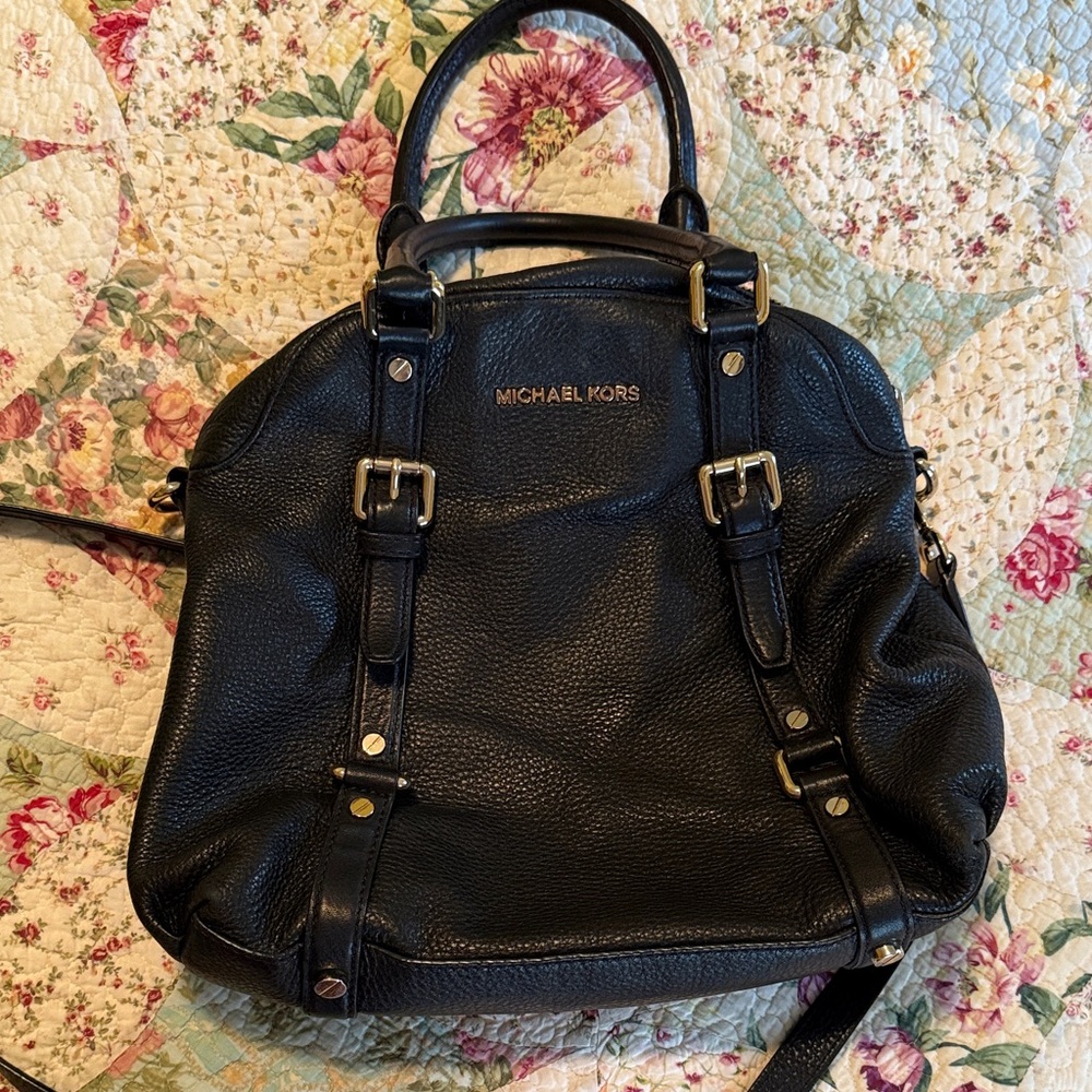 Michael Kors Bedford Bowling Medium Black Leather Satchel Bag Crossbody Strap